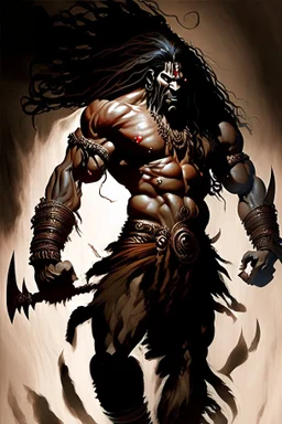 A towering and formidable figure emerged from Indian mythology displaying breathtaking bulges of rippling muscle his long flowing locks cascading like dark waterfalls down his broad back his fierce and menacing visage portraying a seething anger that seemed to smolder like embers within his soul wielding with effortless power a mighty and deadly axe his weapon of choice for rending enemies limb from limb, Fantasy art, Digital painting, Highly detailed, Sharp focus, Intricate, Dark lighting, Tren