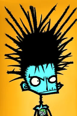 2d drawing of a stickman, cool with punk hair, x eyes like in hangman, sunbading,3d realistic in colour