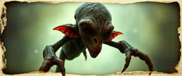 3d airbrush render, elf alien dodo , pinhole cam, airbrush 3d rendering, in the style of Titian and Dali , torn edges on border