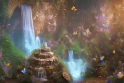 butterfly, sparkling, chcolate sprinkles, little tree, in castle, fountain of smarties with chocolate, waterfall, detailed, RTX, fantasy, 8K