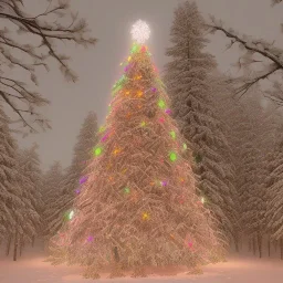  Giant christmas tree white and pink, whit many light in a forest at night