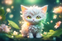 diaphanous colorful transparent light cute chibi anime cat with glowing center on green leaves and flowers, ethereal, otherwordly, cinematic postprocessing, bokeh, dof