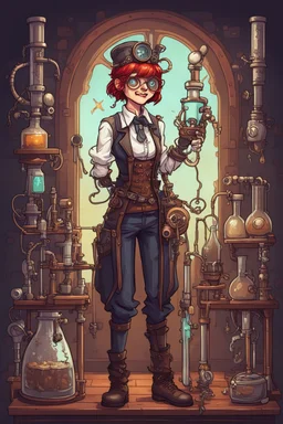 Crazy laboratory assistant with sickles in steampunk style, stardew valley style