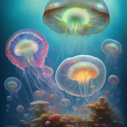 holographic jellyfish in an underwater cerulean ocean, artwork, Flickr, 8 k, detailed matte, fine-detailed, high-quality, in the style of George Grie, Anne Dittman, Anne Stokes, Lisa Parker, Selina French, alphonse mucha