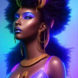 full body shot, masterpiece, best quality, black skinned, sparkling eyes, long hair, Goddess of Africa,fluorescent skin,blue-dark makeup,synthwave, indigo, highly detailed body, sun light, 4K, RAW, depth of field, high contrast, realistic details, 24mm