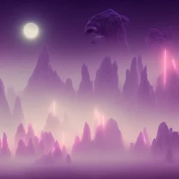 ALIENS FLOATING in the fog, FOGGY NIGHT, mountains, GLOWING, PURPLE, TOWERS, 4K, 8K, CINEMATIC