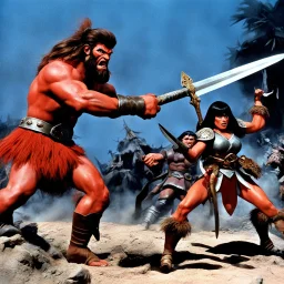 [colour 1960’s stop-motion animation style on the battlefield ] a 70s advertisement video TV featuring a fight begins with great intensity.The barbarian warrior uses her weapons hitting the monster severely ripping pieces of her grotesque and monstrous foe. but the monster is very strong and does not let himself be killed.he attacks with deadly fury the barbara warrior and manages to grab her embracing her with his distorted and very strong arms, full of rigid muscles.he hugs her very tightly