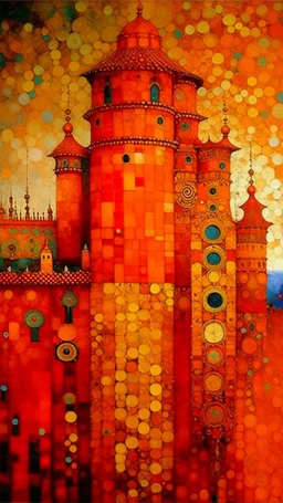 A reddish orange colored clockwork castle painted by Gustav Klimt