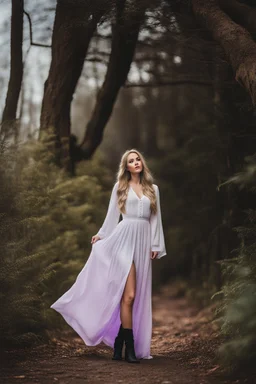 full body standing beautiful 20 year old girl with ash blonde hair and blue eyes with her long hair down, wearing a white sleeved shirt and nice sarifon dress, and lilac long leggings, with long black boots full body shot walking along trees