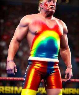 Realistic image of Donald trump wrestler, Mexican wrestling, tribal glow makeup, red and blue breeches, suspenders, retro style, 80s, red, gold, vibrant color, highly detailed, clean background, concept art, unreal engine 5, god rays, ray tracing, RTX, lumen lighting, ultra detail, volumetric lighting, 3d, finely drawn, high definition, high resolution.