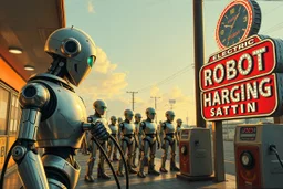 A cinematic wide-angle oil painting of a humanoid robot plugging a thick electric charging cable into its torso port at a futuristic charging station within a retro-style gas station. A long line of identical humanoid robots stands patiently behind, waiting for their turn to recharge. A large vintage-style sign to the side reads 'Electric Robot Charging Station.' The scene is bathed in golden-hour lighting, with rich, noisy colors, expressive thick brushstrokes, intricate steampunk elements, glo