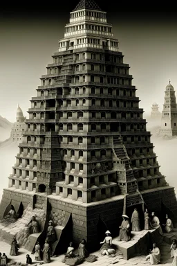 Illustrate the construction of the Tower of Babel and the subsequent confusion of languages. in black and white format include black people and middle eastern people asian people with ancient middle eastern clothing on make them all have different features according to there race