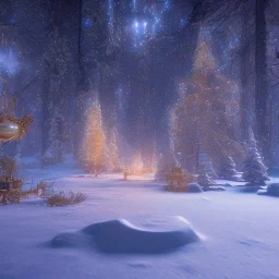 Mysterious christmas night, surreal atmosphere, cosmic backdrop, celestial ambience, soft lighting, very chilly appearance of the surroundings, unreal engine 5 volumetric lighting, intricate details, realistic style, 8k resolution