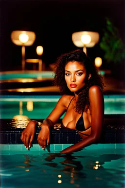 realistic supermodel, magazine analog photography from the 90's, polaroid colors, summer evening, pool, sundown, very beautiful face and browned skin, France