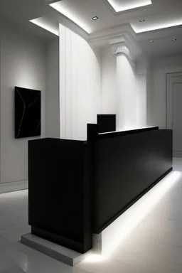 Museum reception desk with black walls, white floor, and hidden or rich lighting