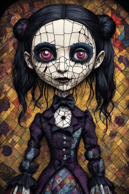 full color, illustration of a dark menacing Victorian goth vampire girl, ala Wednesday Addams, as a decayed, broken, crude homemade patchwork cloth doll toy, with contrast stitching across her patchwork face, hair made from ragged strips of cloth, art in the style of Alex Pardee and Tim Burton