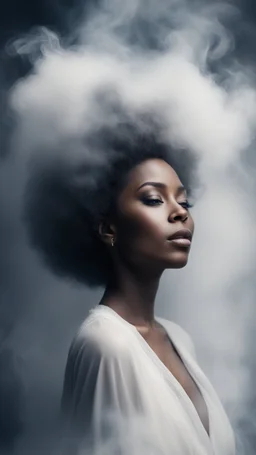 beautiful black women in white Smokey ethereal, heavenly background, portrait of beautiful woman