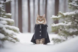 Cat in Wellensteyn coat, winter forest, pine trees, snowing, in sunshine