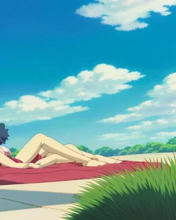 Cosy zen garden during summer, stunningly beautiful girl laying down on the grass staring at the blue sky, anime style