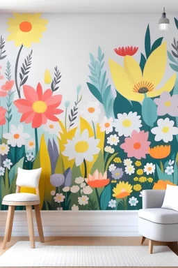 Create a vibrant mural depicting a lively meadow filled with Easter-inspired florals like daffodils, tulips, and daisies. Use pastel colors to evoke the joy of the season.