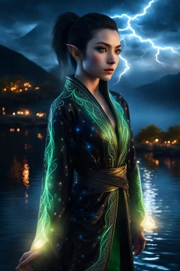 dark black eyes, female gorgeous elf, dark high ponytail hair, detailed glowing ornamental magical pattern robe, glowing gem crackling with lightning implanted on robe, 8k, high detail, lake background, midnight, facing viewer, front facing