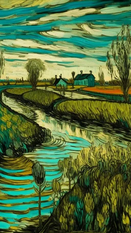 Blackish teal wetlands near a town painted by Vincent van Gogh