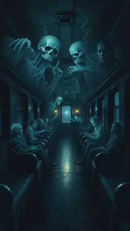 a sleepless night inside a dark train in a delusional state haunted by ghostly images, paint it in the baroque style, as if the man is horrified