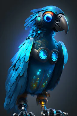 robot parrot with blue glowing eyes