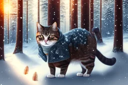 Cat in Wellensteyn coat, winter forest, pine trees, snowing, in sunshine