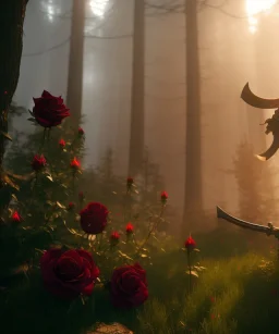 roses, axe, viking, romance, fantasy, fairies, runes, norse, red, goth, cinematic lighting, octane render, ambiance, professional photo, unreal engine