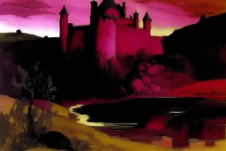 A dark magenta castle of mystery painted by Edgar Degas