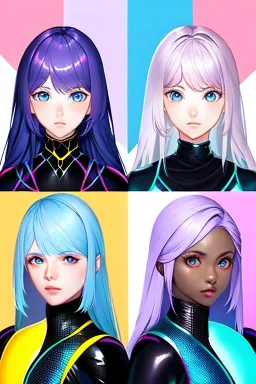 Futuristic anime fantasy dancer, portrait from waist up, physically fit, latex and leather attire, blue eyes, pastel hair, intricate eyeliner, vibrant eyeshadow, clear completion, soft lighting, 4k resolution, intricate details, insanely detailed, colorful cityscape background, masterpiece, expert, cinematic smooth, retroanime style, realistic details, no helmet