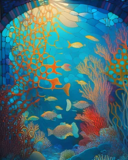 A serene underwater scene showcasing a vibrant coral reef teeming with marine life, in the style of stained glass art, shimmering light rays penetrating the depths, intricate patterns, bold colors, a harmonious blend of realism and abstraction, 10K resolution, inspired by the works of Tiffany Studios and Louis Comfort Tiffany, celebrating the beauty and fragility of ocean ecosystems.