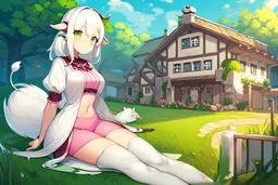 Farm, green grass, house, girl,white hair , sit on grass, cow's tail, cow's horne , cow's under, pink stomach,