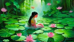 A woman emerges from a tranquil pond, her face partially concealed by a large, dew-kissed lotus leaf. She is surrounded by a lush expanse of vibrant green lily pads and delicate pink lotus blossoms. The water is a deep, mysterious emerald, reflecting the dappled sunlight that filters through the dense foliage. A solitary butterfly flits near her, adding a touch of delicate movement to the scene. The overall atmosphere is one of serene mystery and natural beauty, rendered in a rich, painterly sty