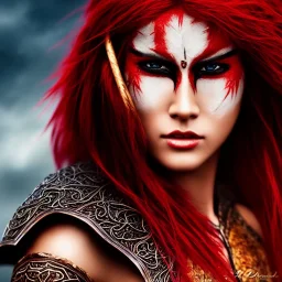 Barbarian anime character, animal hide armor, physically fit, tribal tattoos, scars, washboard abs, red facepaint, red hair, dark eyeshadow, intricate eyeliner, soft round eyes, beads in hair, 8k resolution, cinematic smooth, intricate details, vibrant colors, realistic details, masterpiece, oil on canvas, smokey background