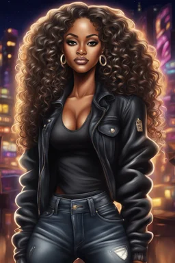 Create a digital airbrush cartoon of an African American female wearing a black jean outfit with timberland boots. Prominent make up with hazel eyes. She is wearing large diamond hoop earrings. Extremely highly detailed very long curly hair that shines. Background of a night club.