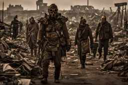 movie scene: in a post apocalyptic future: people search the remains of civilization for remnants of civilization, their clothes are made of garbage and are improvised. they wear improvised ((very detailed)) masks for protection. The costumes are very detailed and made of garbage, metal parts, scrap metal, belts, bags, car parts, spikes, They are armed and look very dangerous. all is broken, extremely used, burnt, dangerous and rusty. The mood is very gloomy, dystopian and depressive. The air is