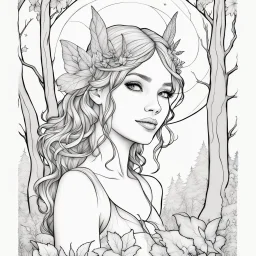 realistic FAIRY, "Moonlit Forest, "adult, face view, cute, smile, beautiful, full view, realistic, coloring page, only draw lines, coloring book, clean line art, –no sketch, color, –ar 3:4, white background, minimalistic black lines, minimal black color, low level black colors, coloring page, avoid thick black colors, thin black line art, avoid colors, perfect shape, perfect clear lines,