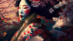 Japanese Geisha, illustration, digital art ,Vintage, Gothic, God Rays, vibrant colours, stylish ,Dark and Gorgeous art , GOD LIGHTING, Eiko Ishioka costume designer,, 32Κ, macro realistic,macro, sunbeams,beautiful, insanely detailed, cherryblossom zen garden, manga,anime,