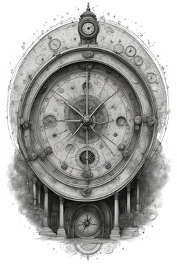 A drawing in modern realism of the astronomical clock with exact details black ink on white background clean and clear design for a tattoo