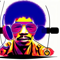 a realistic portrait of Jimi Hendrix at a turntable with headphones on being a DJ, vivid color, with sunglasses