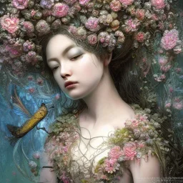 Insanely detailed photograph of an “portrait of gorgeous spring goddess ” with intricate hair, intricate embroidered dress, beautiful clear face and hyperdetailed painting by Ismail Inceoglu Huang Guangjian and Dan Witz CGSociety ZBrush Central fantasy art album cover art,8K, hdr, romantic, mysterious, ominous, beautiful flowers, jewelry, comfort, natural eyes, "arms open for embrace", naked,tasteful