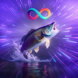 infinity symbol ∞ with vibrant powerful fish jumping out of the water, striking, neon, chiaroscuro, dramatic, captivating, powerful, fantasy, beautiful, octane render, 16k post-production, artstation: award-winning: atmospheric: commanding: fantastical: clarity: ultra quality: striking: brilliance: stunning colors: amazing depth; lens: f/11, 35mm