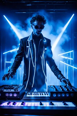 French cool synth player, he is called "Jean-Maurice Brûlée" performing at dance club, his name is "Jean-Maurice Brûlée" , white and blue Neon lights and smog, and "URANIUM" big sign on the wall, he is playing on synthesizers on stage with lot of laser beams and wearing black sunglasses, an earth is projected in background