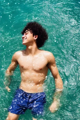 Photograph of a happy young teen male floating in water, relaxing, eyes closed, dark curly hair, full lips, aesthetic physique, cute face, shirtless torso, pale skin tone, flawless skin, smooth skin, thick curly hair, koi fish in water, full body, low camera angle, red swimming trunks, calm clear water, dreamy atmosphere, high resolution, vivid colours