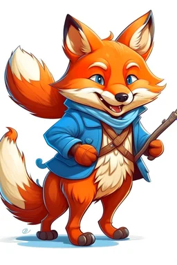 A happy fox with blue eyes with red jacket hunting a duck