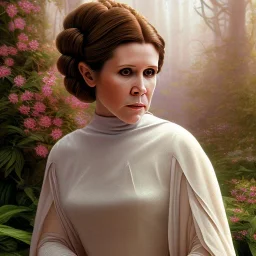 hyperspace background, complete and photo realistic detailed head to waist stunning photo realistic portrait of carrie fisher as Princess Leia in star wars with photo realistic updo hairstyle by Mandy Jurgens and mucha and Richard Schmid and chuck close and chie yoshii, extraordinary and detailed ceremony dress of star wars,brown eyes