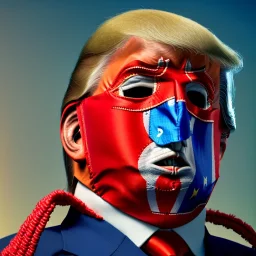 realistic image of donald trump as a mexican wrestling fighter posing outdoors, Mexican eyes wrestling mask, red and blue breeches, suspenders, retro style, 80s, vibrant color, highly detailed, sky background, concept art, unreal engine 5, god rays, ray tracing, RTX, lumen lighting, ultra detail, volumetric lighting, 3d, finely drawn, high definition, high resolution.