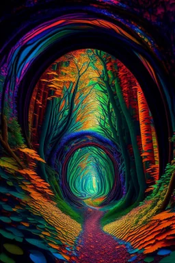 In the heart of an untouched 8K high-definition primeval forest, a mesmerizing kaleidoscope of colors unfolds within a timeless tunnel, creating a vivid gateway to another dimension. The rich hues of nature paint the scene, as if time itself is woven into the very fabric of the lush surroundings.